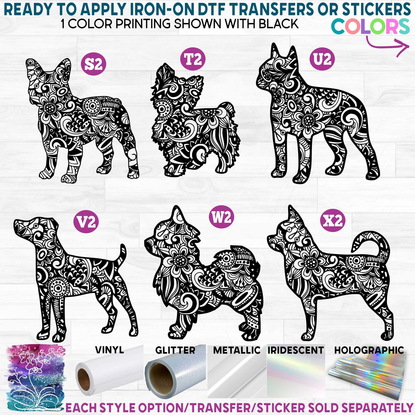 (s011-1) French Bulldog Yorkie Boston Terrier Jack Russell Chihuahua Dog Zentangle Mandala Floral Doodle Ready to Apply Iron-On Transfer or Sticker