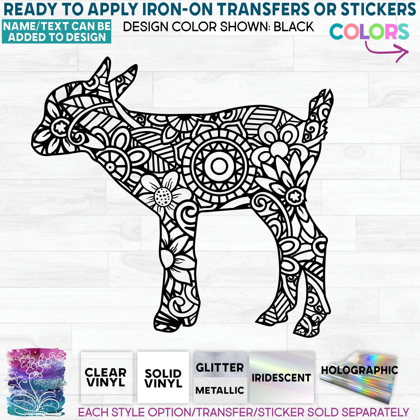 (s011-A4) Lamb Zentangle Mandala Floral Doodle Glitter or Vinyl Iron-On Transfer or Sticker