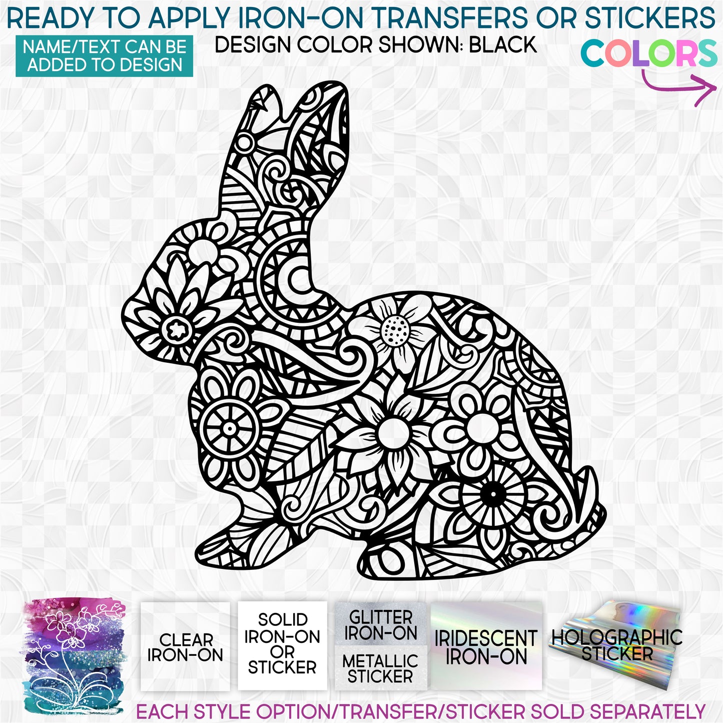 (s011-D4) Rabbit Zentangle Mandala Floral Doodle Glitter or Vinyl Iron-On Transfer or Sticker