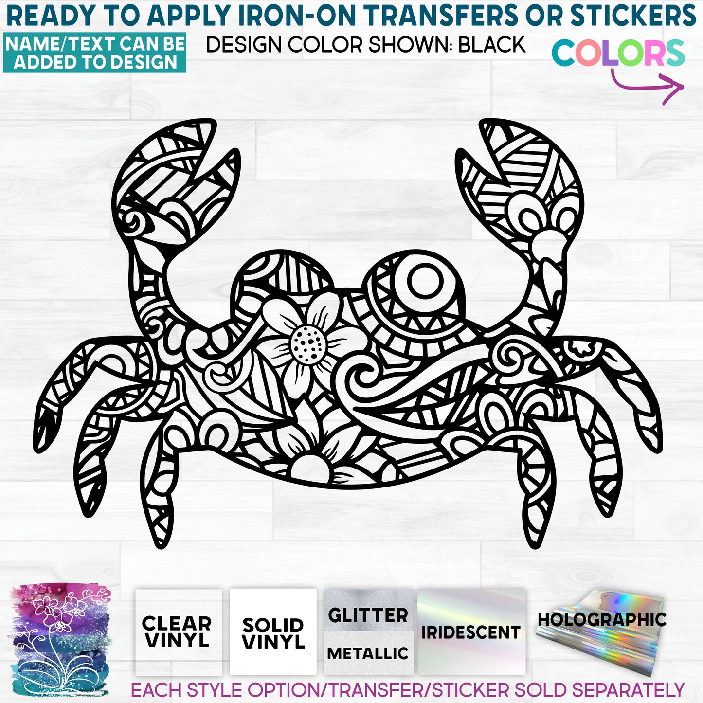 (s011-H4) Crab Zentangle Mandala Floral Doodle Glitter or Vinyl Iron-On Transfer or Sticker