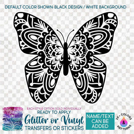 (s011-K1) Butterfly Zentangle Mandala Floral Doodle Glitter or Vinyl Iron-On Transfer or Sticker