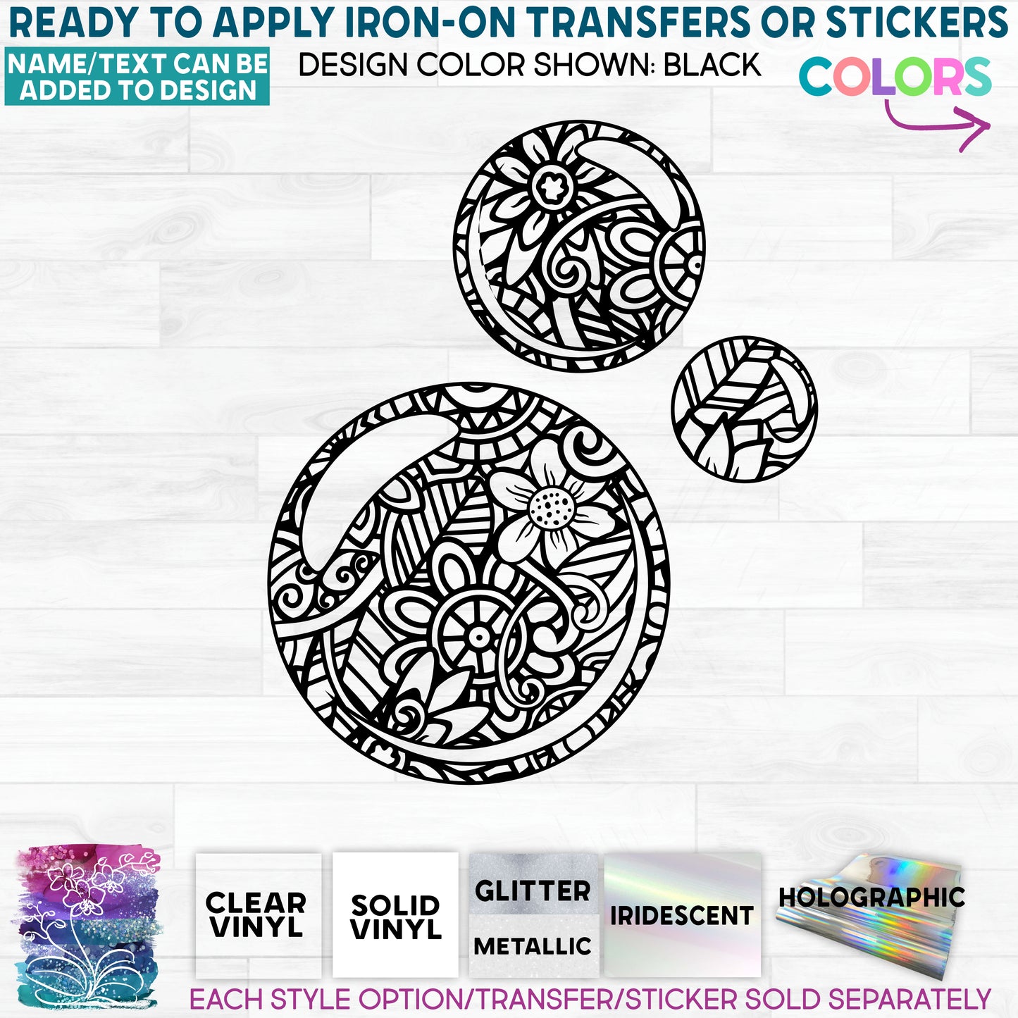 (s011-U4) Bubbles Zentangle Mandala Floral Doodle Glitter or Vinyl Iron-On Transfer or Sticker