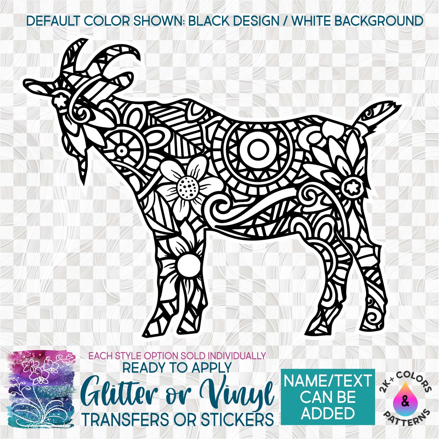 (s011-Z3) Goat Zentangle Mandala Floral Doodle Glitter or Vinyl Iron-On Transfer or Sticker