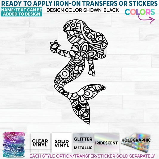 Mermaid Zentangle Mandala Floral Doodle  Glitter, Matte, Glossy Iron-On Transfer or Sticker
