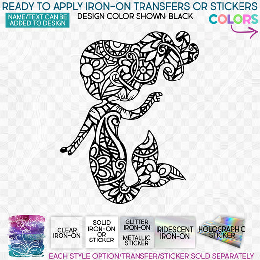 Mermaid Zentangle Mandala Floral Doodle Glitter, Matte, Glossy Iron-On Transfer or Sticker
