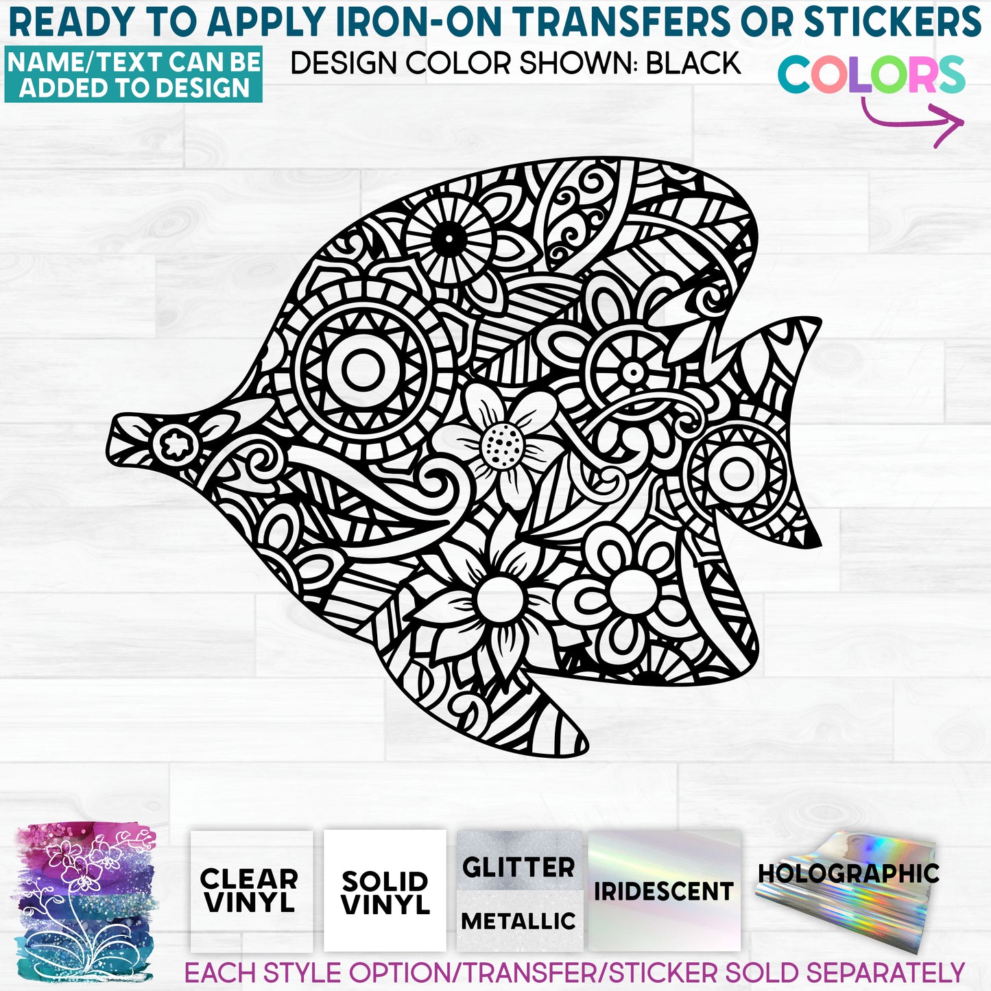 (s011-S4) Fish Zentangle Mandala Floral Doodle Glitter or Vinyl Iron-On Transfer or Sticker