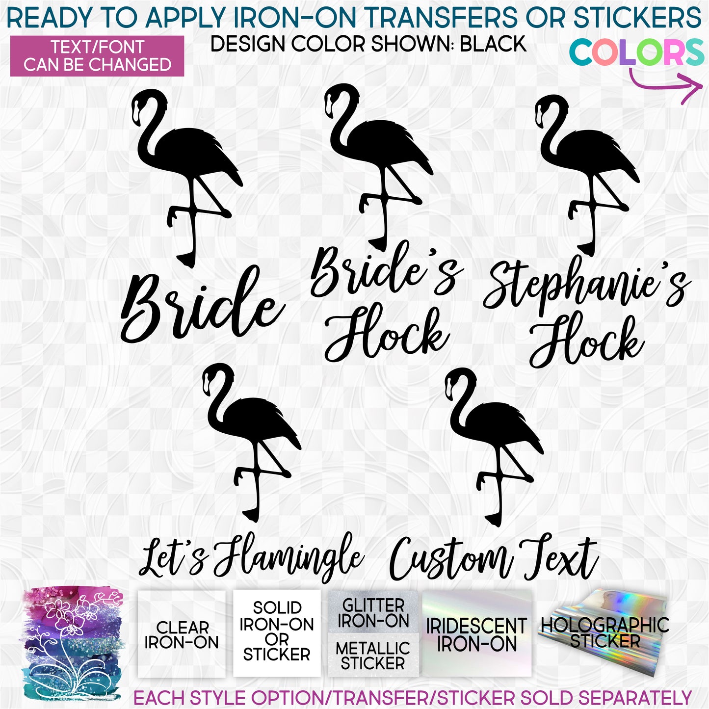 (s110-4) Flamingo Bridal Wedding Party Glitter or Vinyl Iron-On Transfer or Sticker