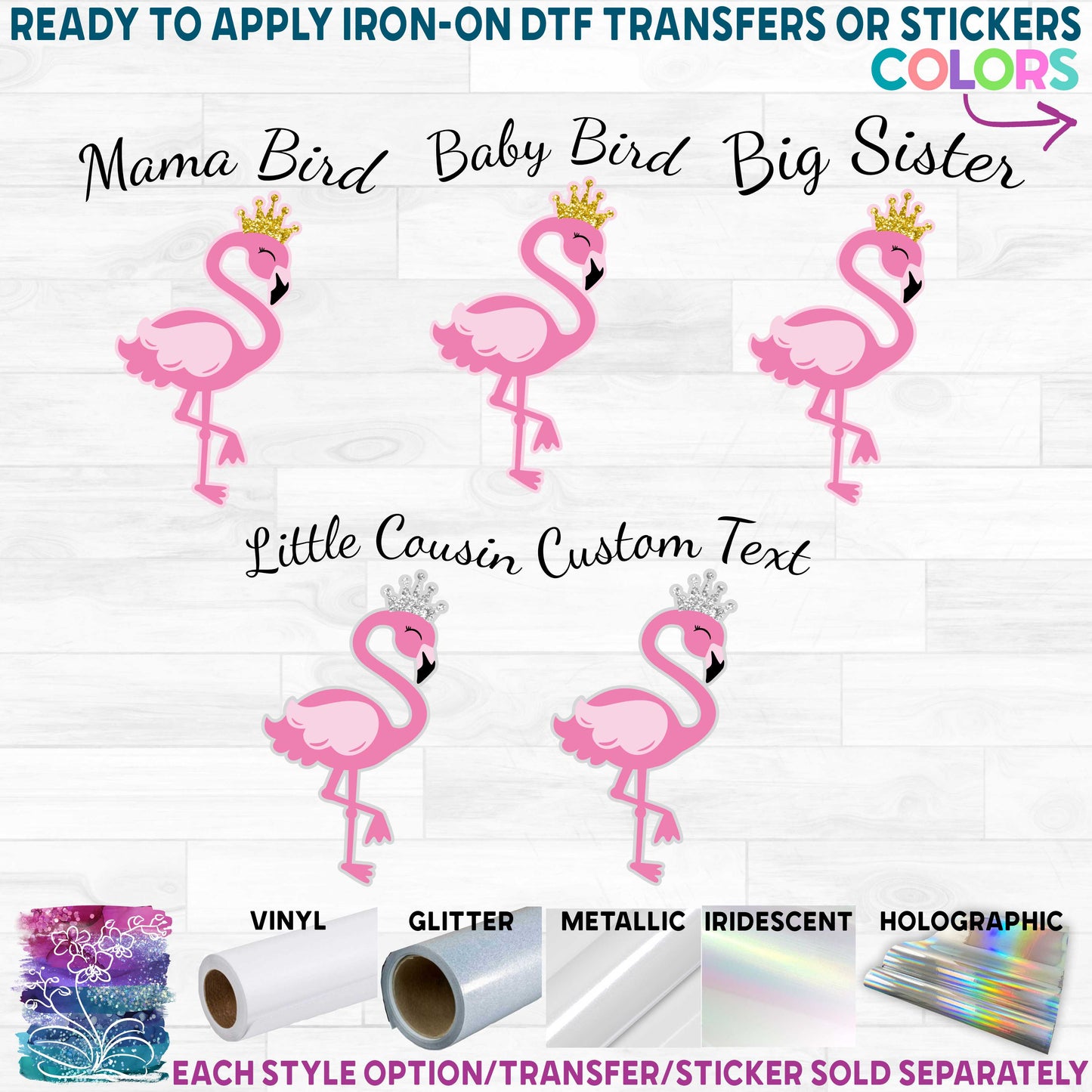 (s110-3D) Mama Bird, Baby Bird, Flamingo Crown Custom Text