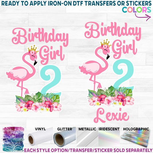 (s110-3E) Birthday Girl Custom Name Age Flamingo Printed Heat Transfer or Sticker