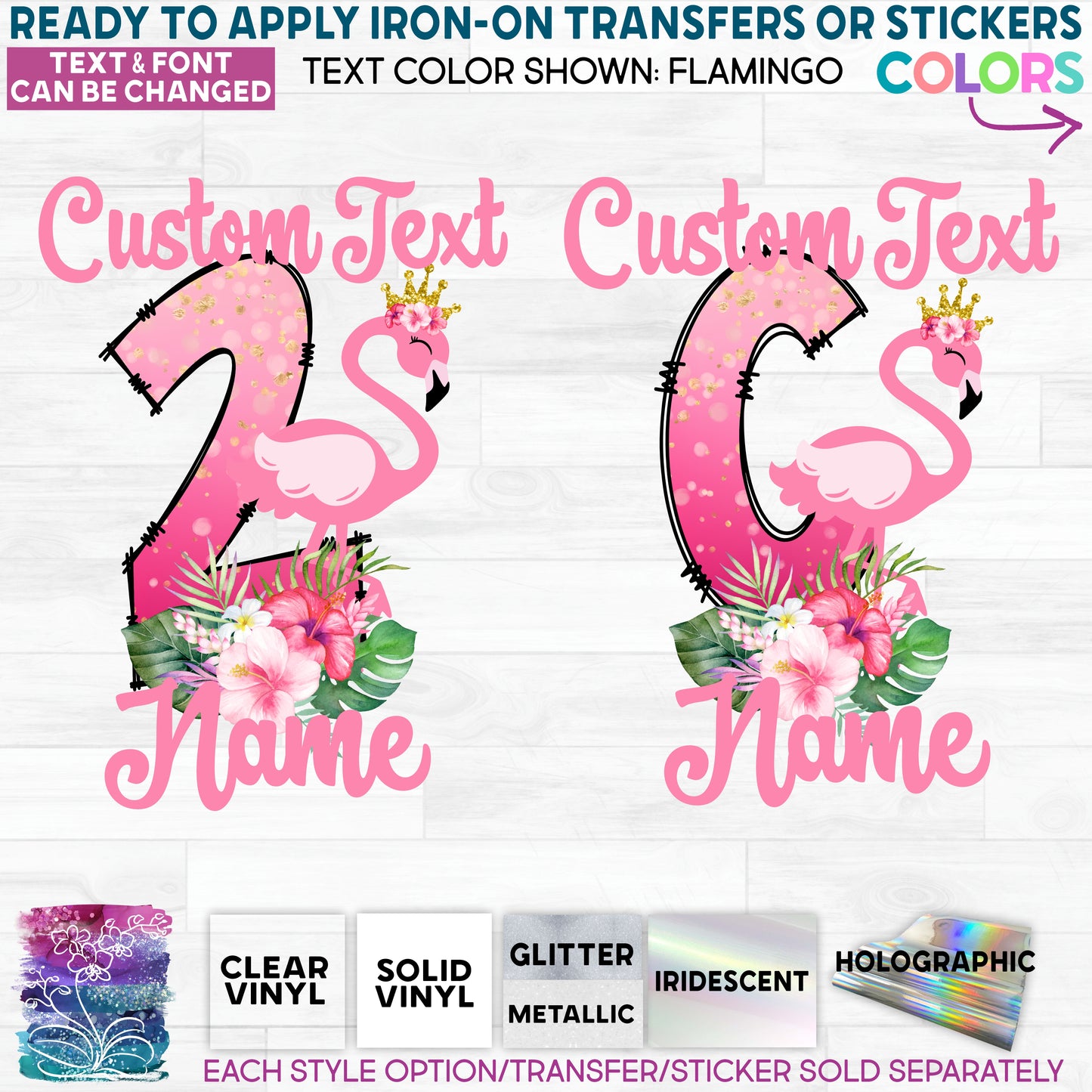 (s110-3F) Custom Name Age Monogram Letter Flamingo Glitter or Vinyl Iron-On Transfer or Sticker