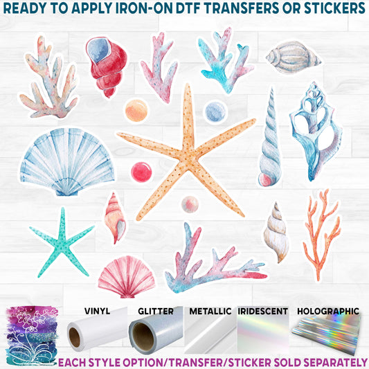 (s111-R) Watercolor Sea Shells Coral Sheet Printed Heat Transfer or Sticker