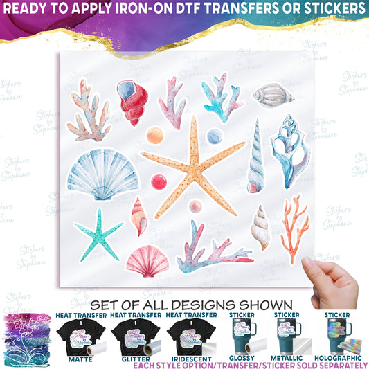 (s111-R) Watercolor Sea Shells Coral Sheet