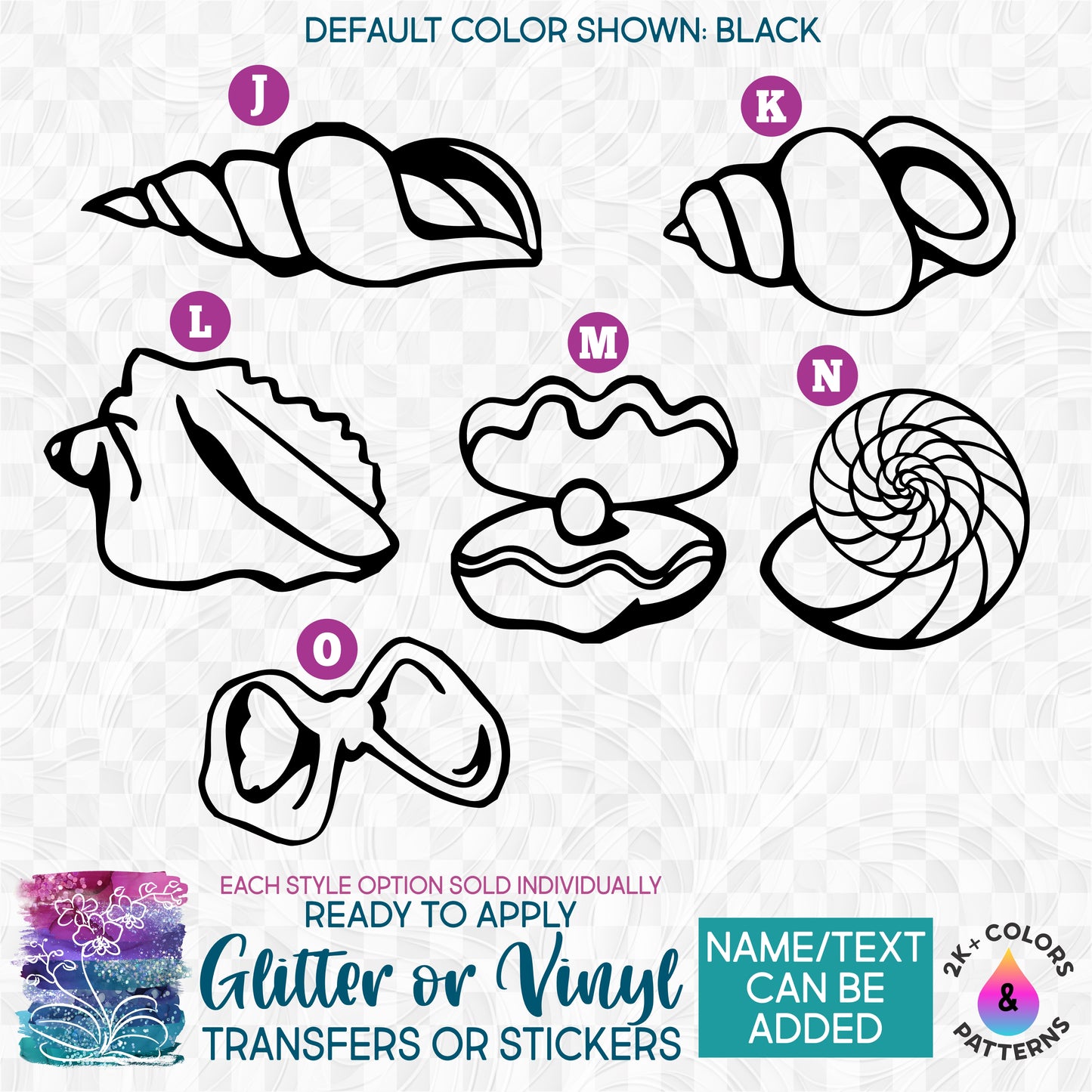 (s111) Sea Shells Conch Clam Oyster Shell Pearl Glitter or Vinyl Iron-On Transfer or Sticker
