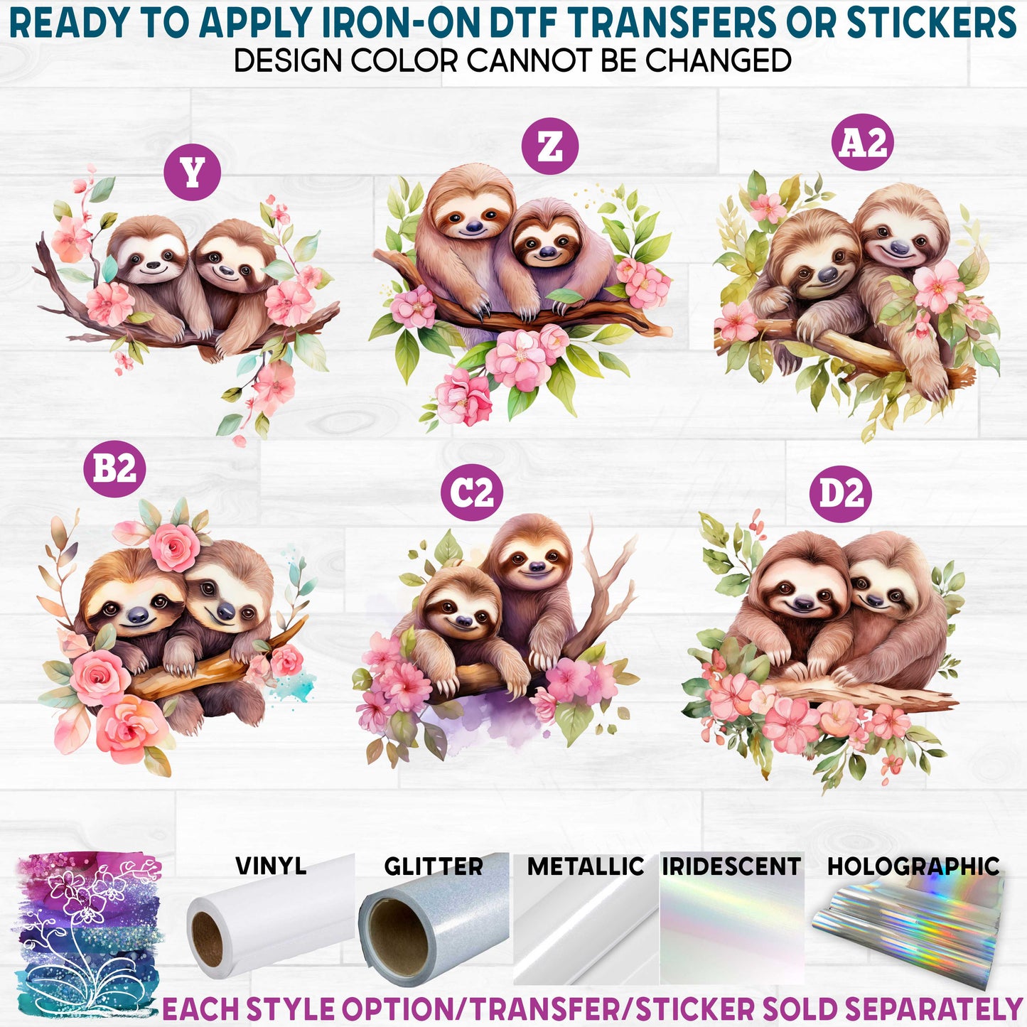 (s114) Cute Sloth Sloths Couple b Flowers Printed Heat Transfer or Sticker