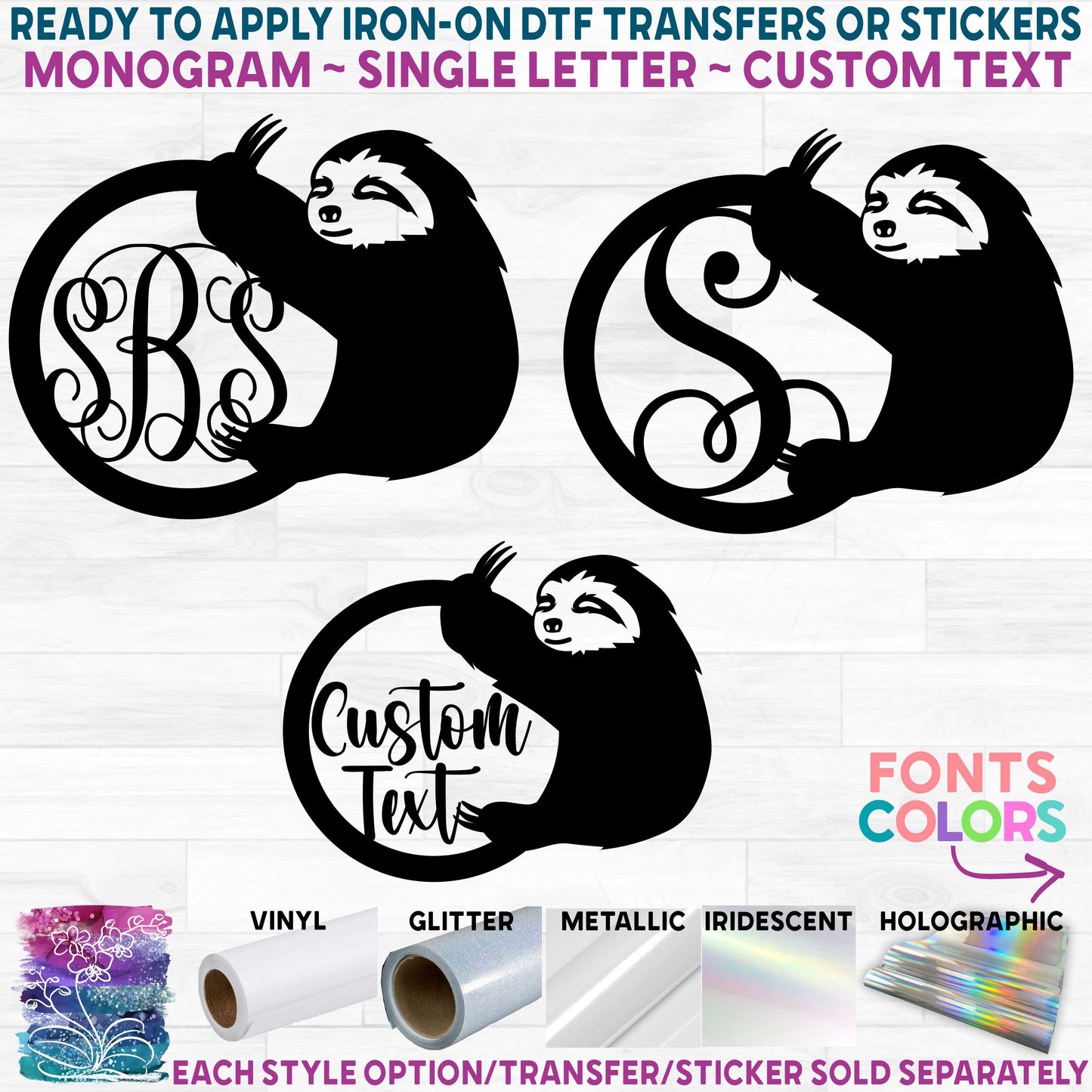 (s114-2C) Sloth Sloths Monogram Custom Text