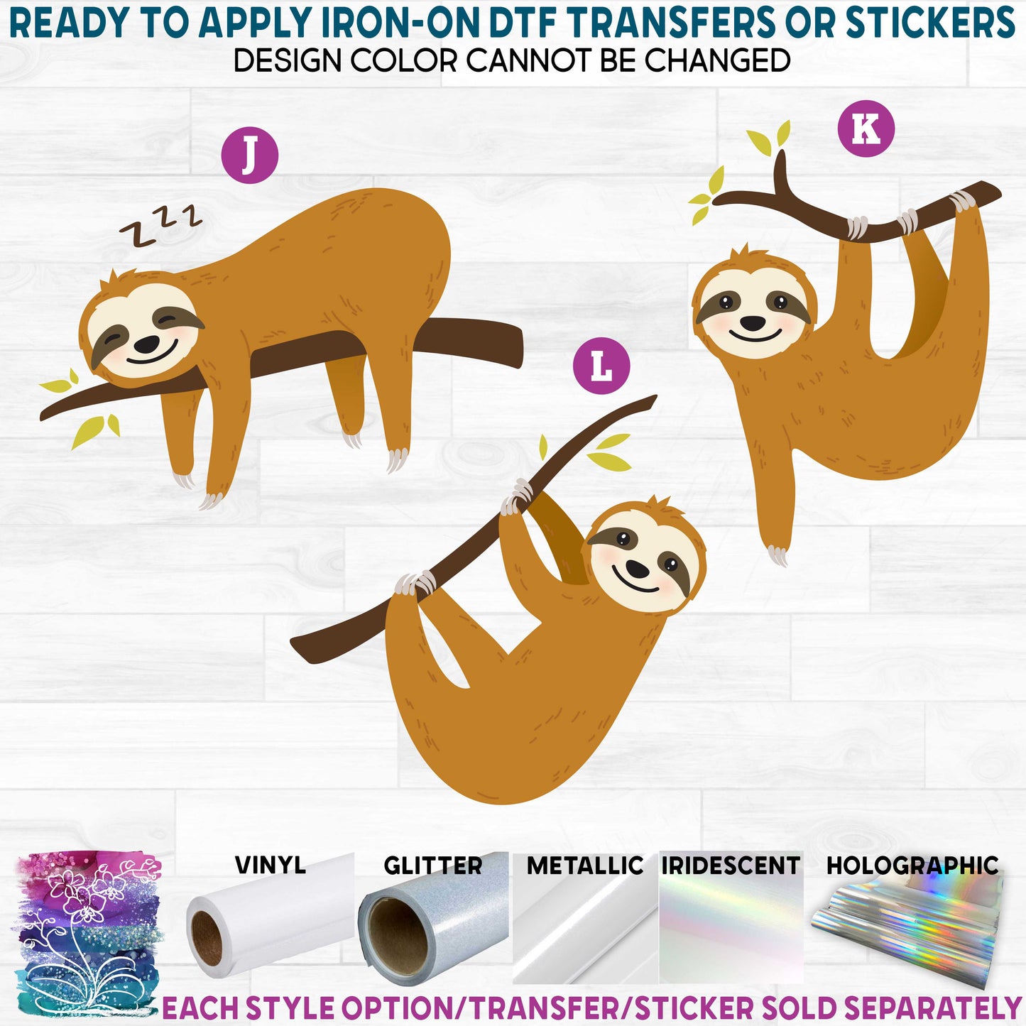 (s114-1) Cute Sloth Hanging Sleeping Printed Heat Transfer or Sticker