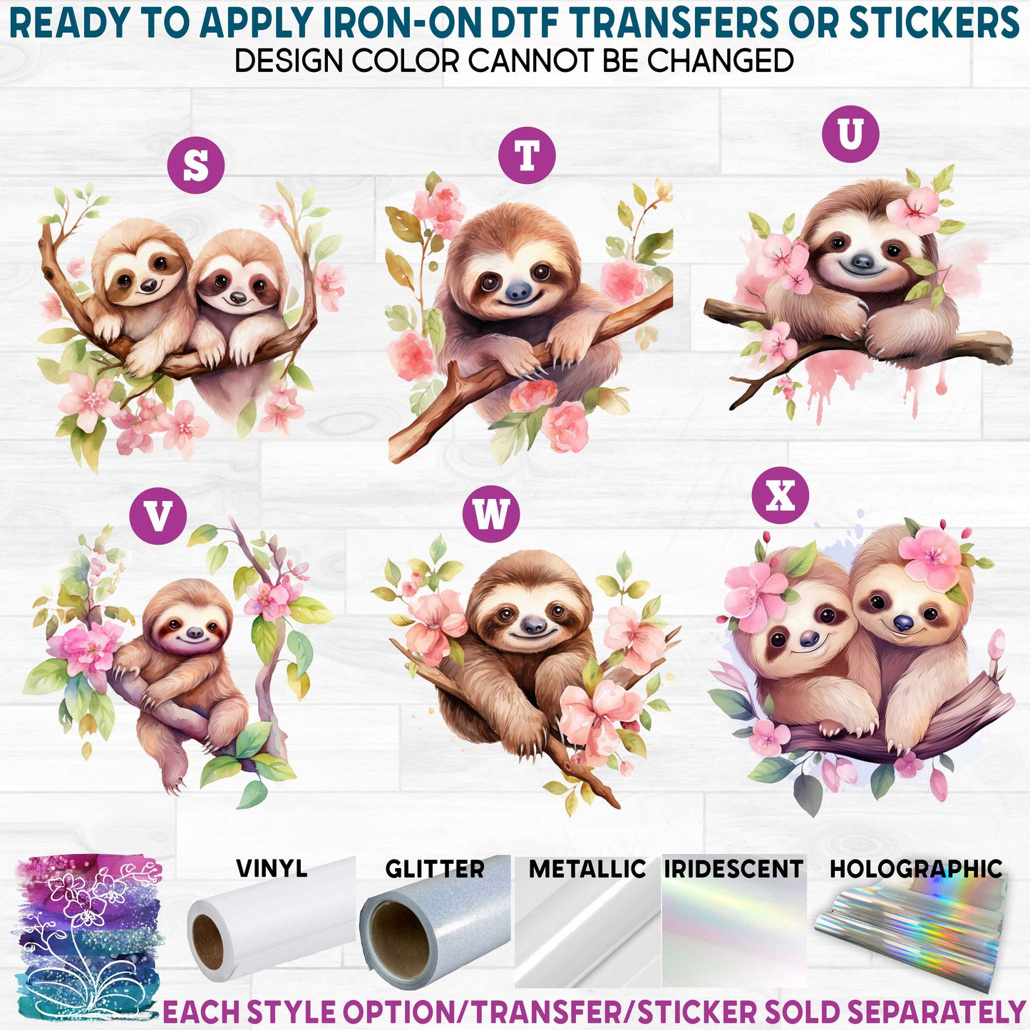 (s114) Cute Sloth Sloths Couple b Flowers Printed Heat Transfer or Sticker