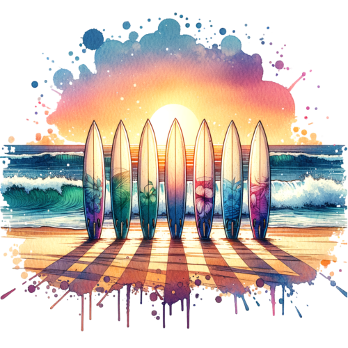(s115-4-B)  Surfboards Beach Sunset Sunrise