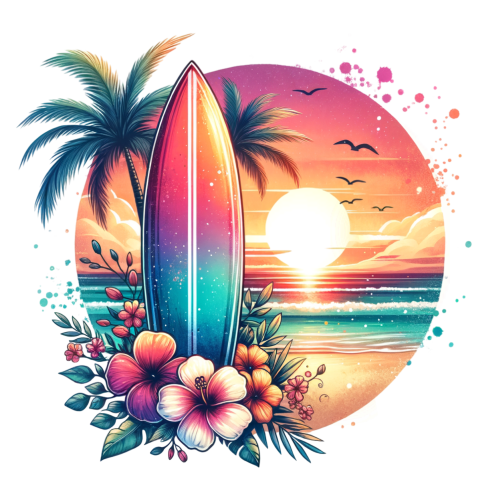 (s115-4-C) Surfboard Palm Tree Beach