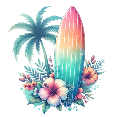 (s115-4-D)  Surfboard Palm Tree Flowers