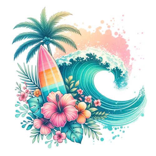(s115-4-J) Surfboard Flowers Palm Tree Wave