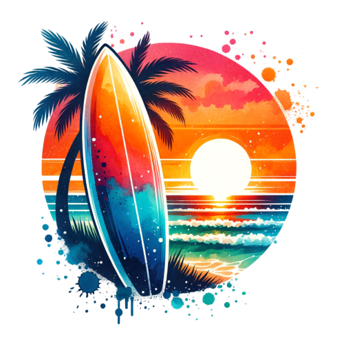 (s115-4-N) Surfboard Palm Tree Sunset