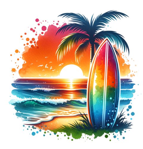(s115-4-O) Surfboard Palm Tree Sunset