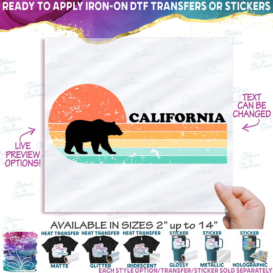 (s115-6-B) Distressed Retro Sunset Bear California or Custom Text