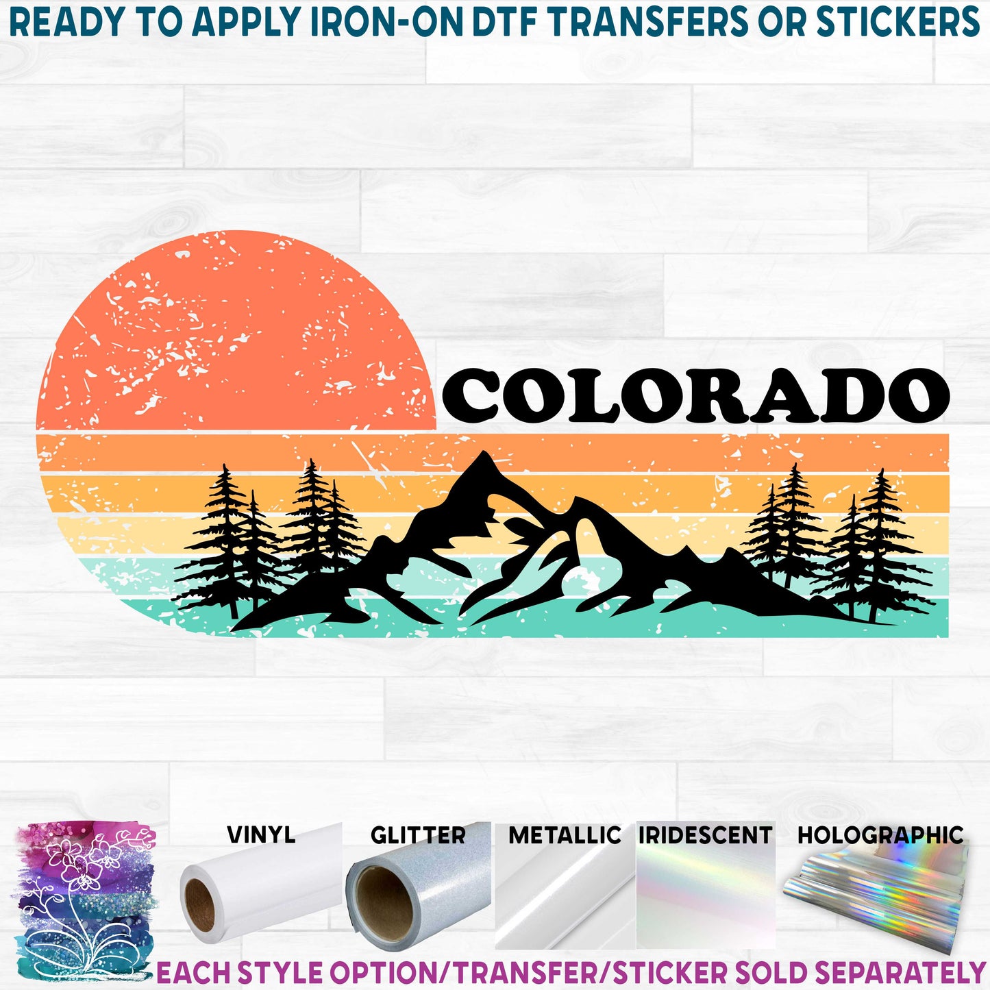 (s117-6-C) Distressed Retro Sunset Mountains Colorado or Custom Text