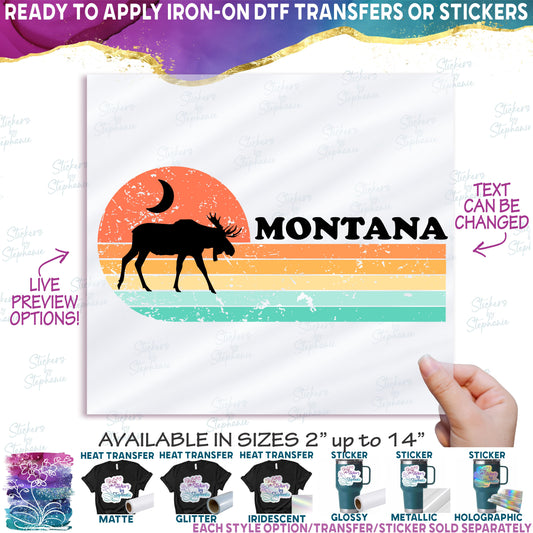 (s115-6-D) Distressed Retro Sunset Moose Montana or Custom Text