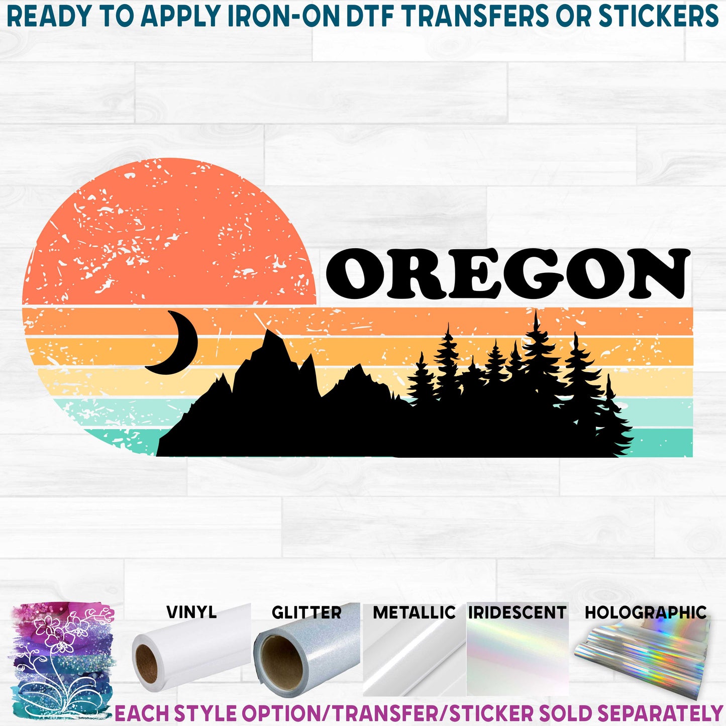 (s117-6-F) Distressed Retro Sunset Mountains Oregon or Custom Text