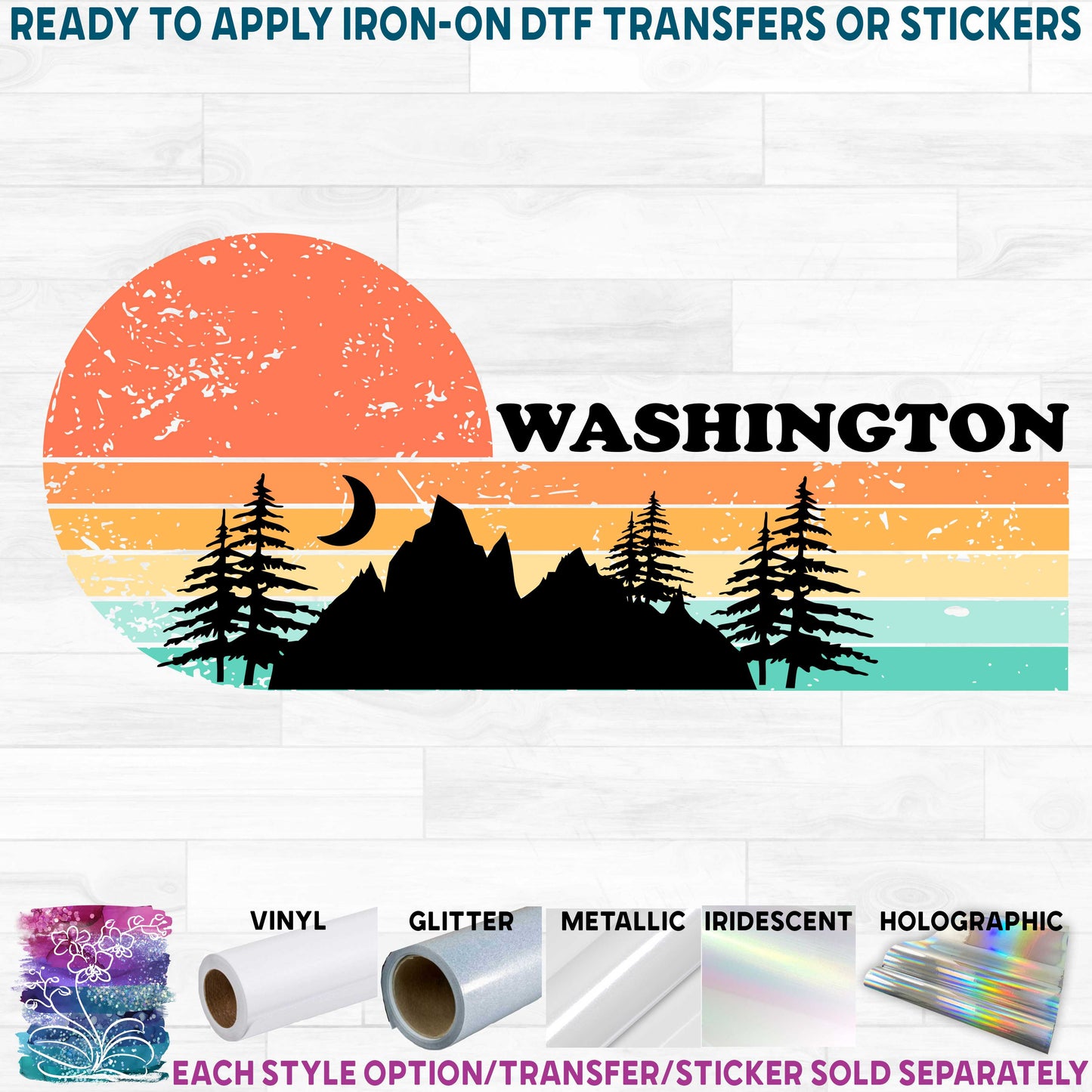 (s117-6-H) Distressed Retro Sunset Mountains Washington or Custom Text