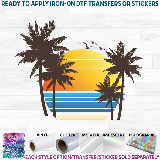 (s115-3A) Tropical Beach Watercolor Palm Tree Retro Sunset Printed Heat Transfer or Sticker