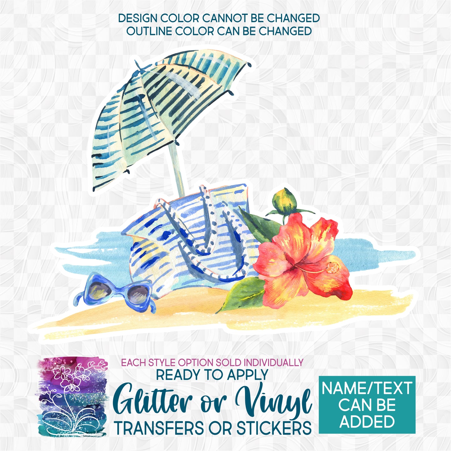 (s115-3B) Tropical Beach Watercolor Hibiscus Umbrella Glitter or Vinyl Iron-On Transfer or Sticker