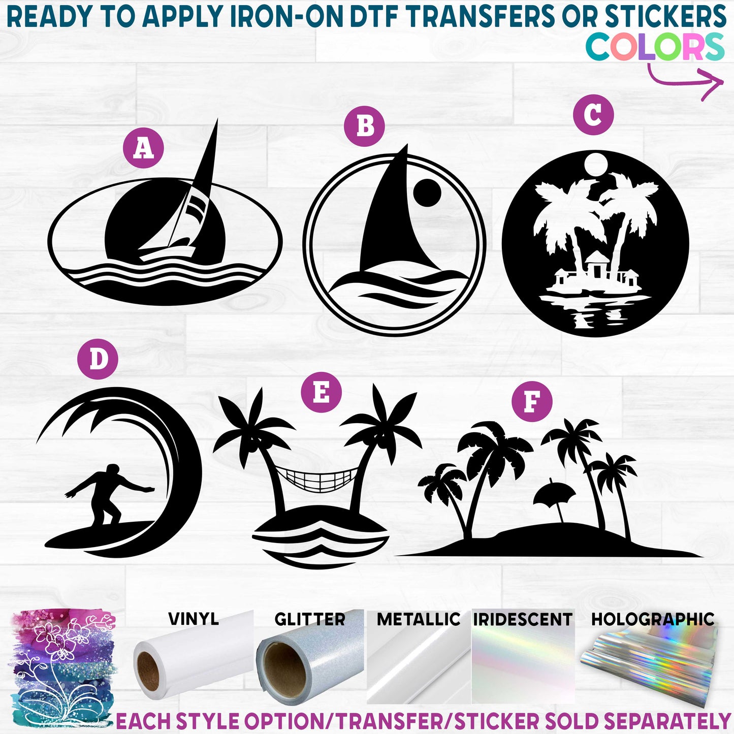 (s115-1) Tropical Vacation Surfer Sailboat Palm Trees Printed Heat Transfer or Sticker