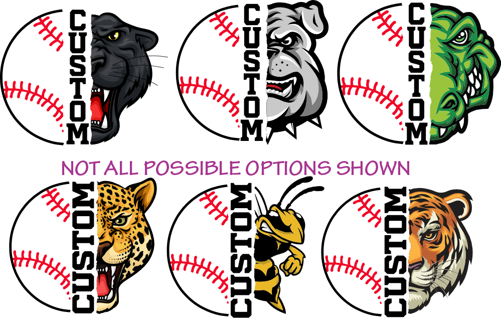 (s145-4B) Split Baseball Team Name Custom Text 58 Mascot Styles