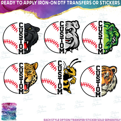 (s116-2) Split Baseball Team Name Custom Text 58 Mascot Styles