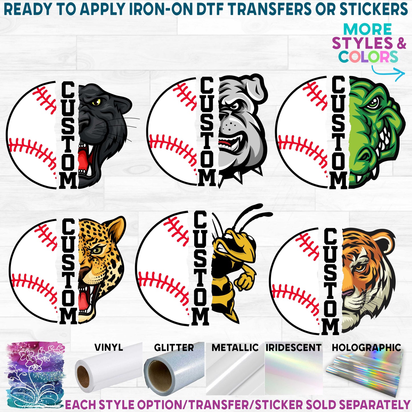 (s116-2) Split Baseball Mascot Team Name Printed Heat Transfer or Sticker