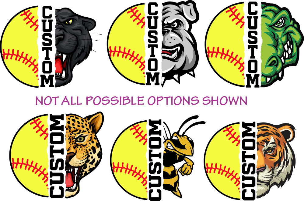 (s145-4C) Split Softball Team Name Custom Text 58 Mascot Styles