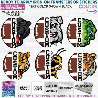 (s116-5) Split Football Mascot Team Name Custom Text Ready to Apply Iron-On Transfer or Sticker