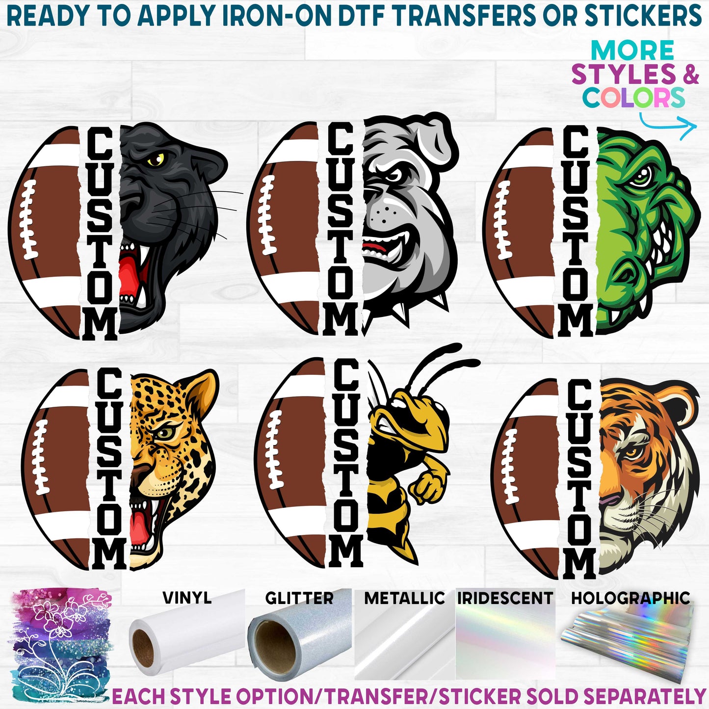 (s116-5) Split Football Mascot Team Name Custom Text Printed Heat Transfer or Sticker