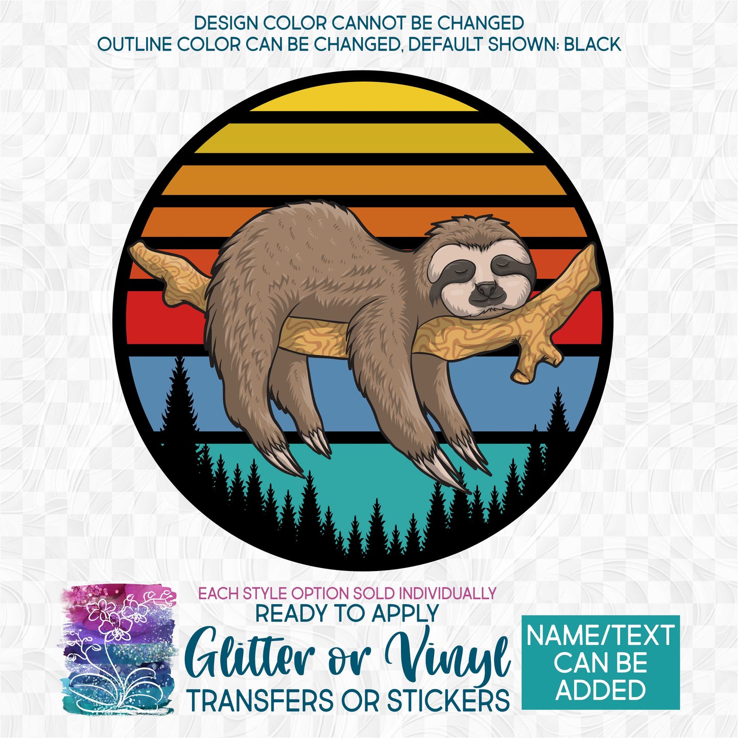 SBS-117-A1 Retro Sunset Sloth Made-to-Order Iron-On Transfer or Sticker