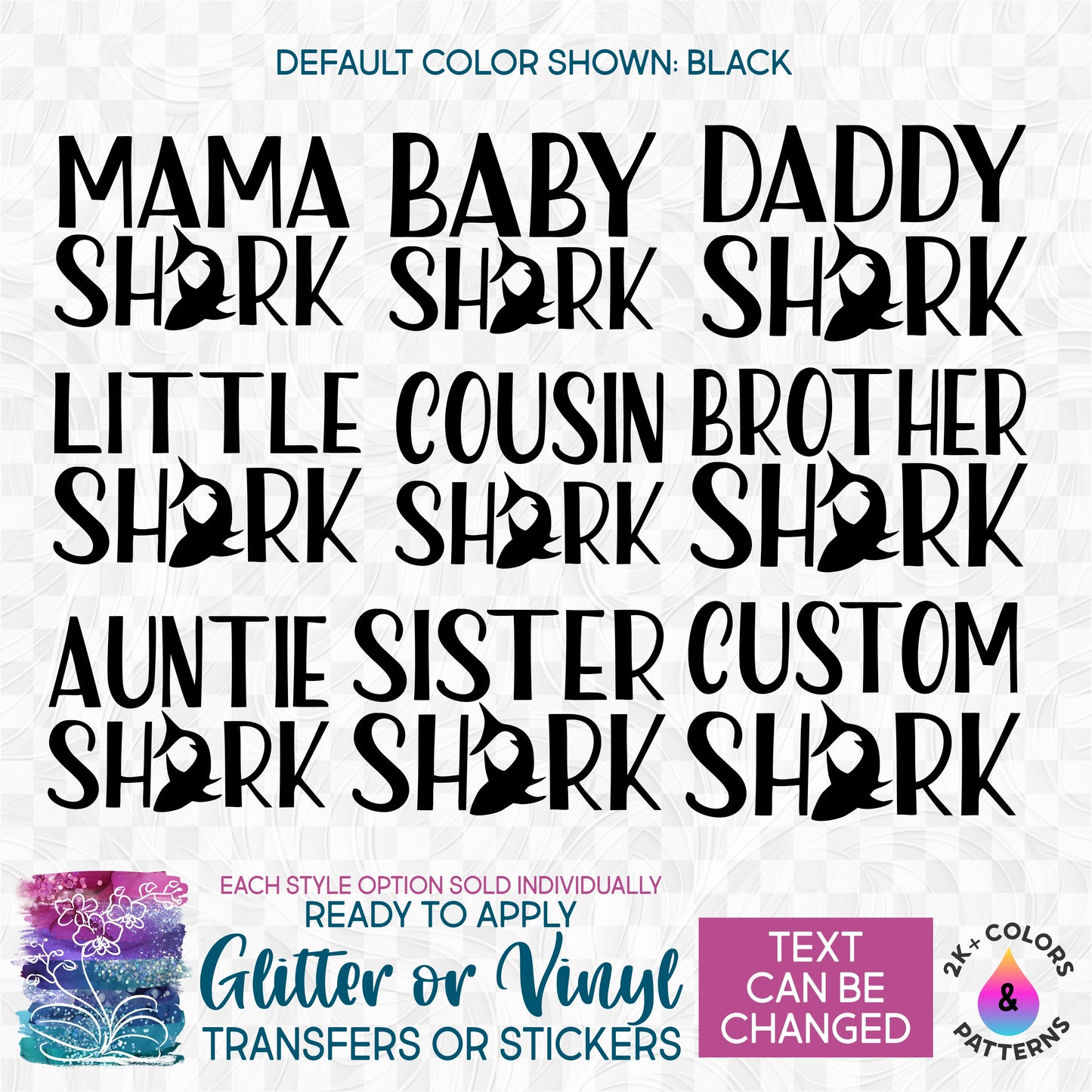 (s120-2B) Shark Family Custom Text Glitter or Vinyl Iron-On Transfer or Sticker