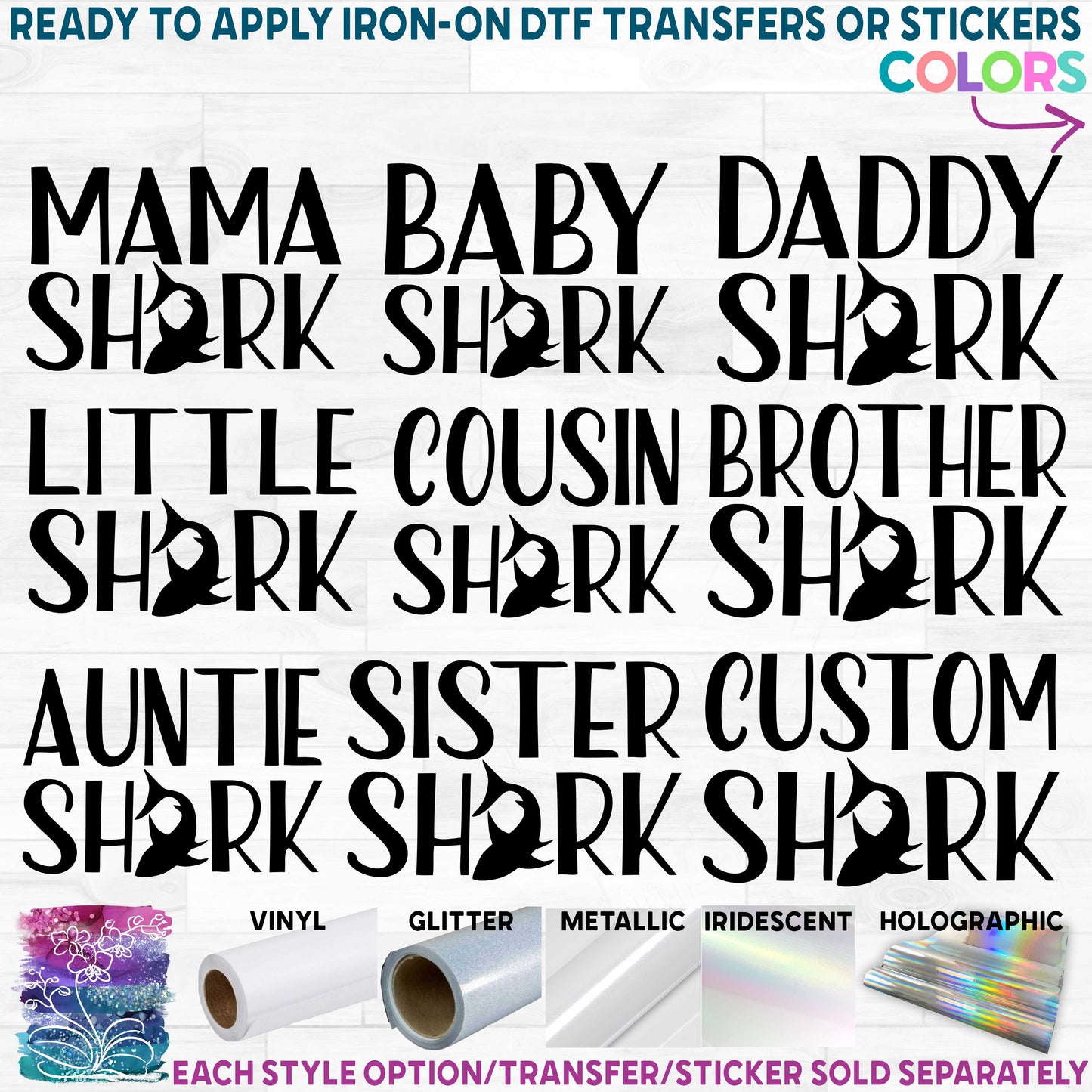 (s120-2B) Shark Family Custom Text Printed Heat Transfer or Sticker