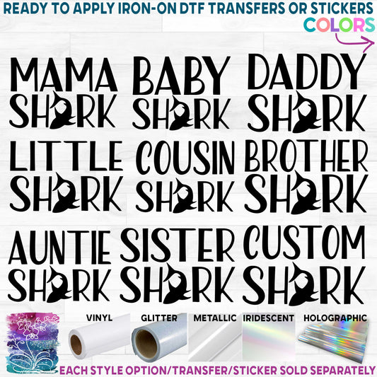 (s120-2B) Shark Family Custom Text Printed Heat Transfer or Sticker