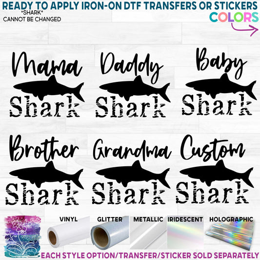 (s120-2D) Shark Family Custom Text Printed Heat Transfer or Sticker