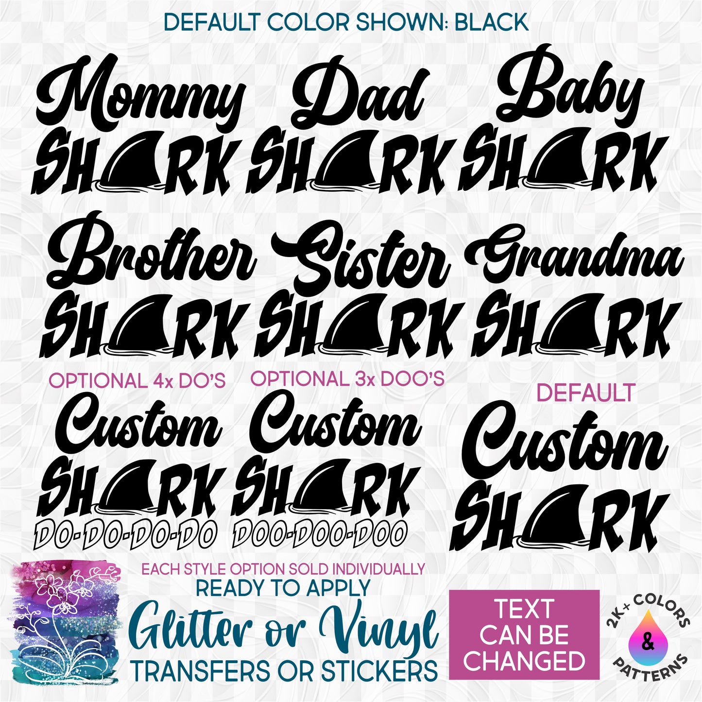 (s120-2H) Shark Family Custom Text Glitter or Vinyl Iron-On Transfer or Sticker