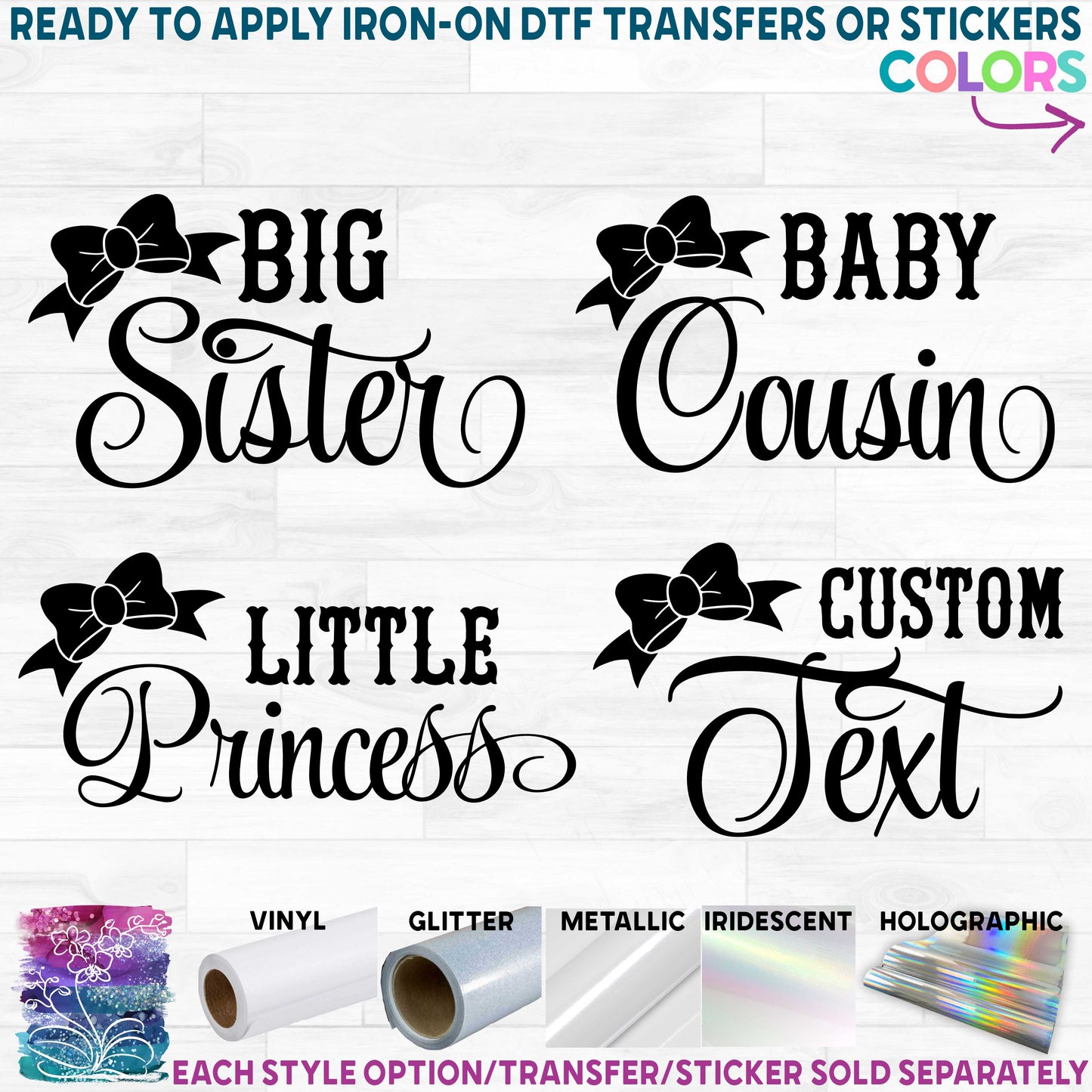 (s122-D3) Big, Little, Sister, Cousin, Princess Bow Custom Text