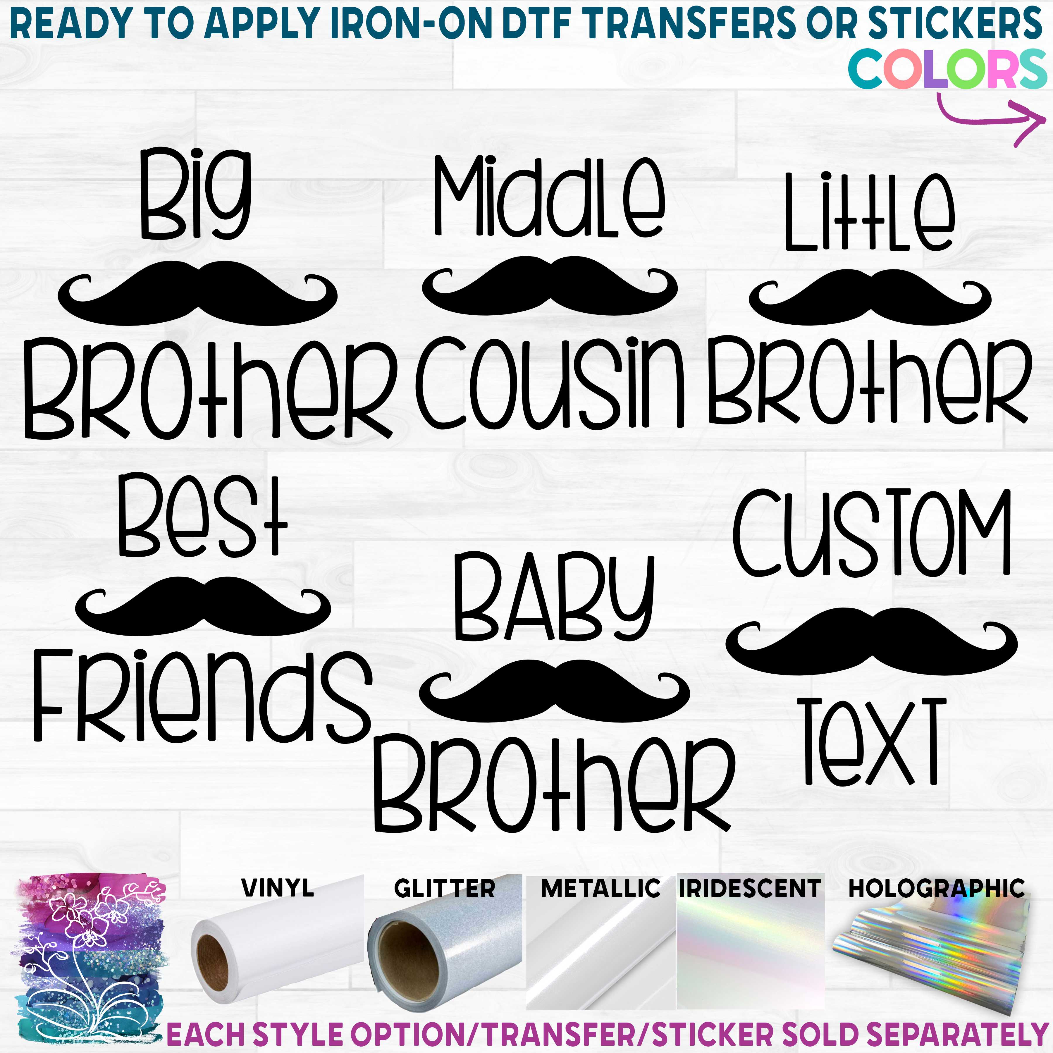 (s122-E) Mustache Big, Little, Brother, Sister, Cousin Custom Text