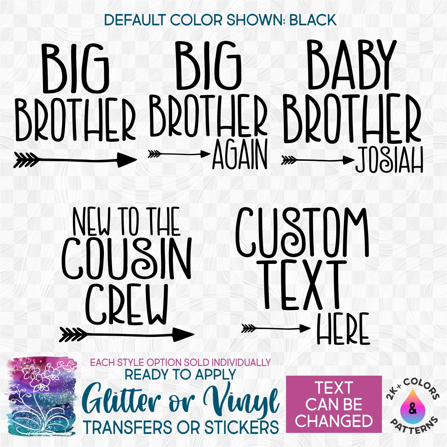 s122-I2 Big Little Middle Baby Brother Cousin Arrow Name Custom Printed Iron On Transfer or Sticker